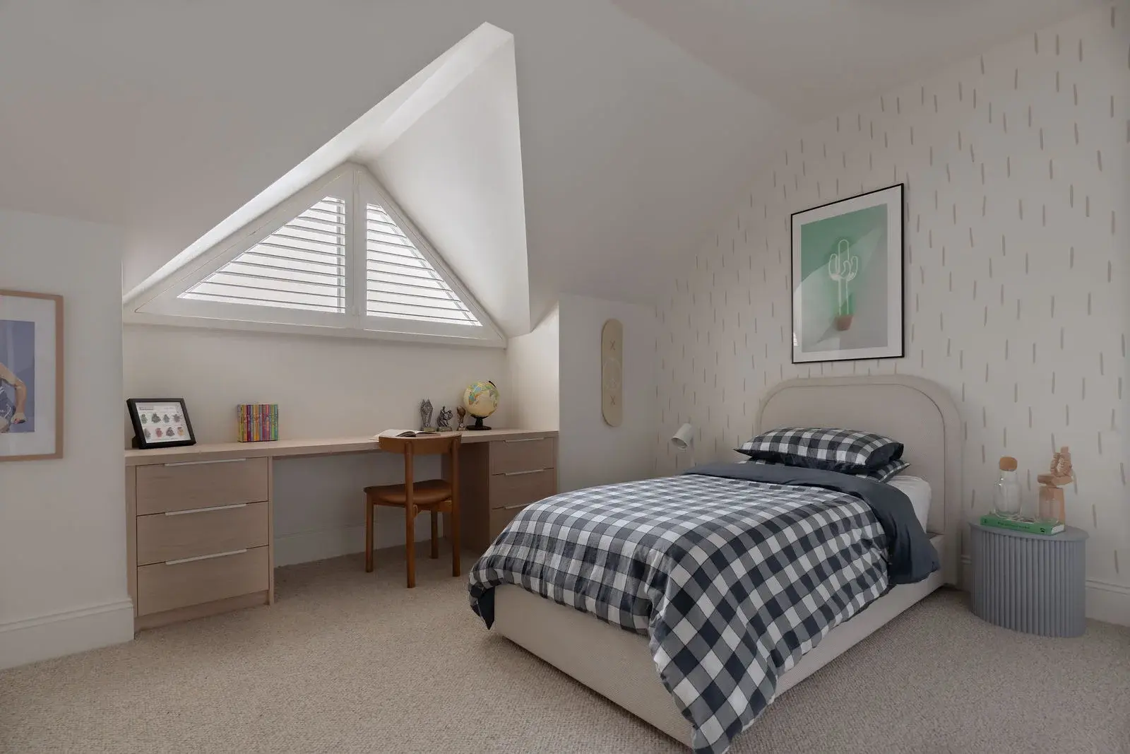 Children's attic bedroom with triangular shuttered window